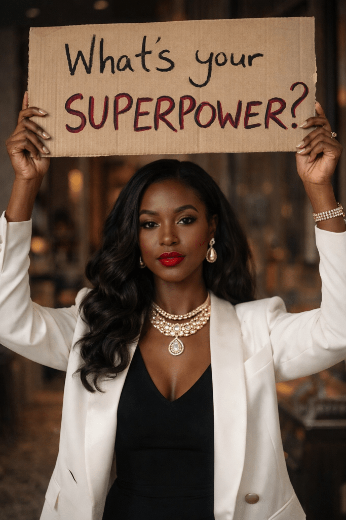 Elegant black empowered woman wearing red lipstick dresses in luxury.